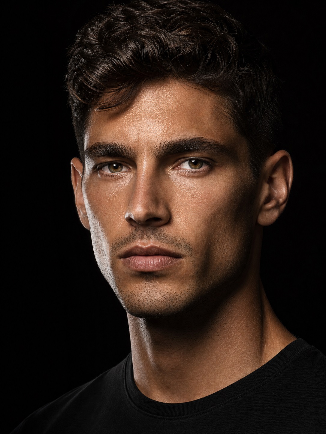 Male face lighting reference with strong directional shadows
