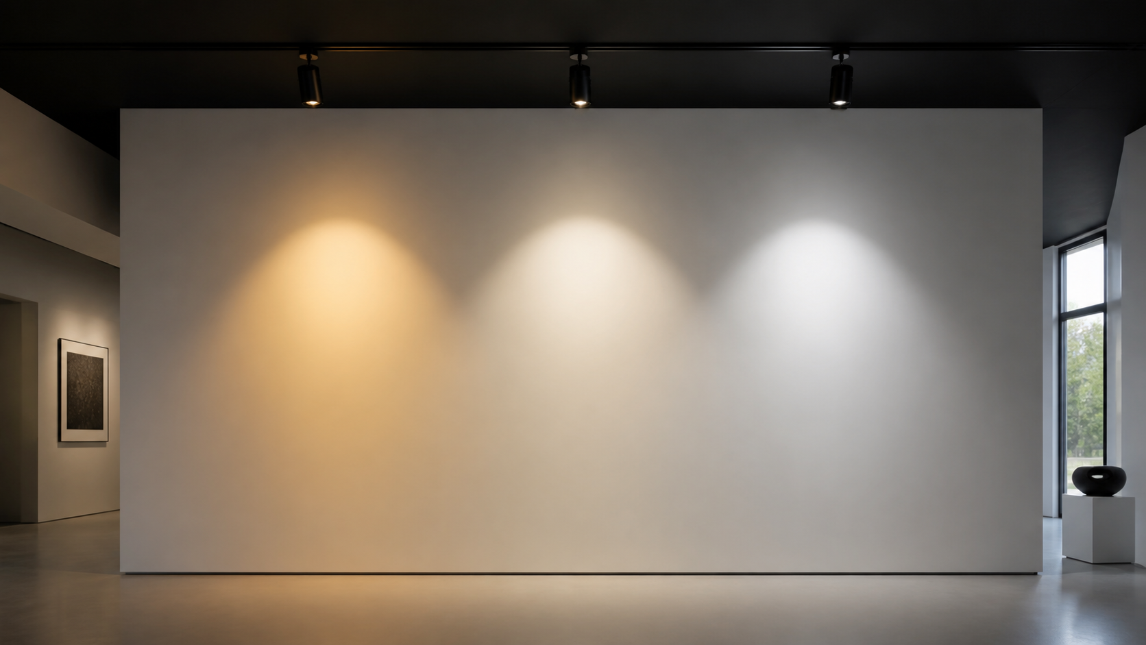 Track lighting in gallery - three ceiling spotlights