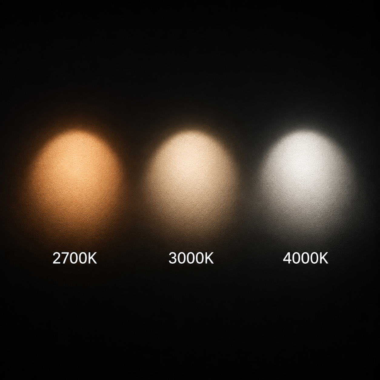 2700K 3000K 4000K color temperature comparison chart showing warm amber to cool white