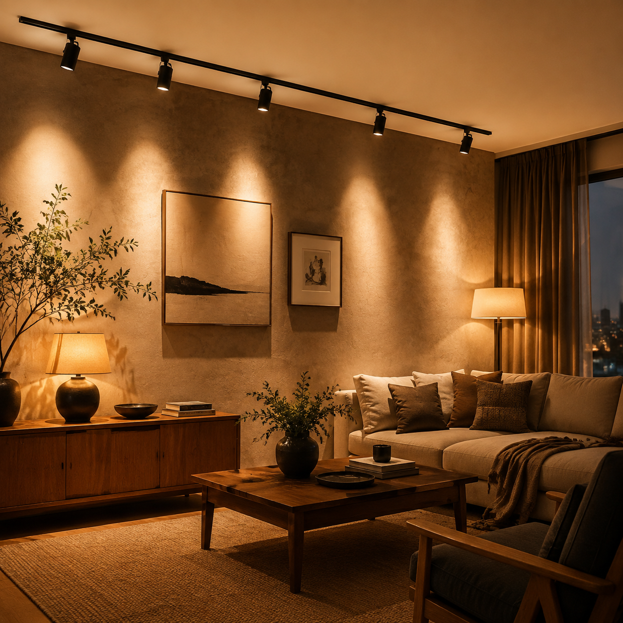 2700K warm white living room with track lighting on textured wall