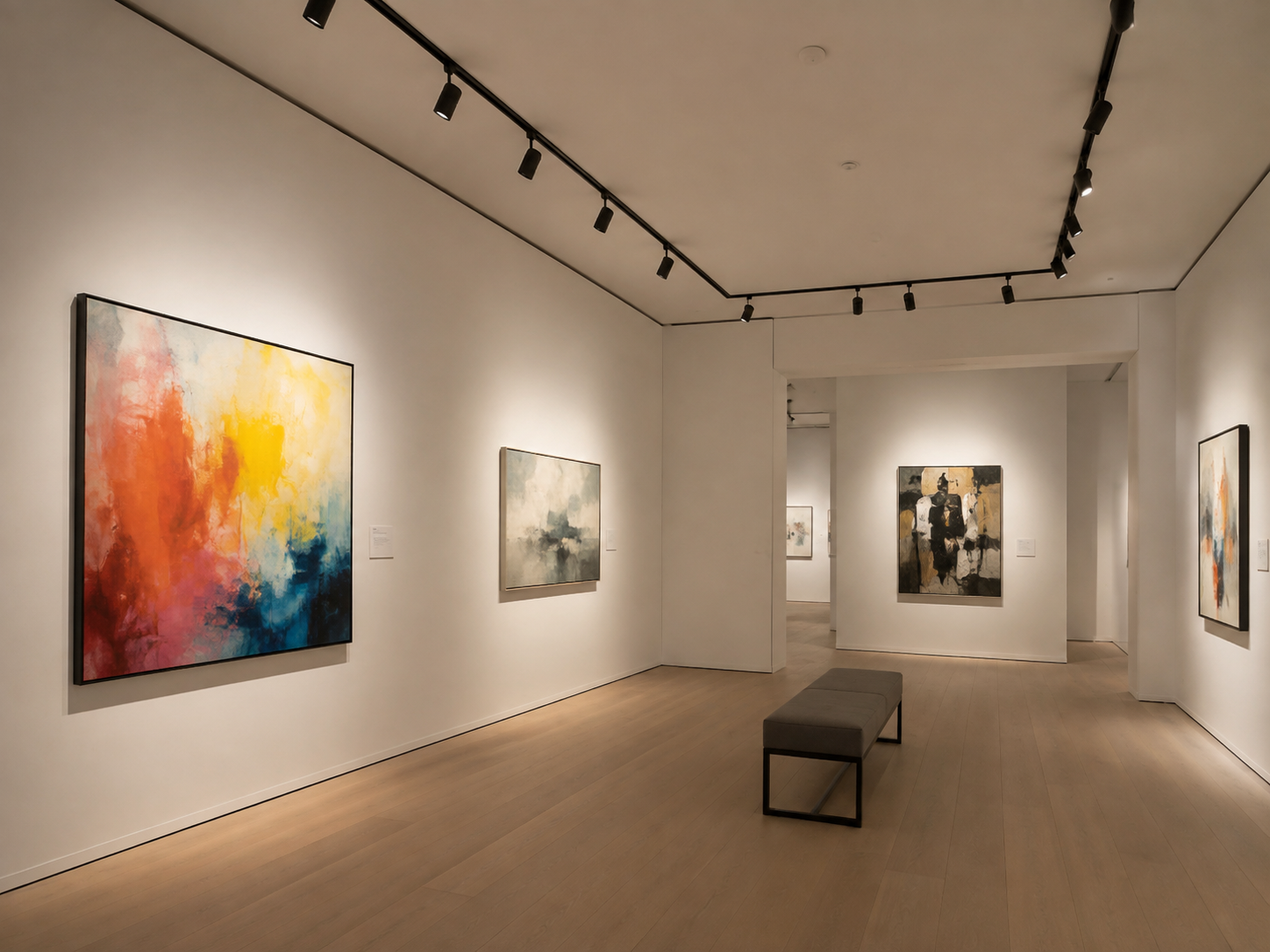 3000K gallery space with artwork illuminated by track lighting system