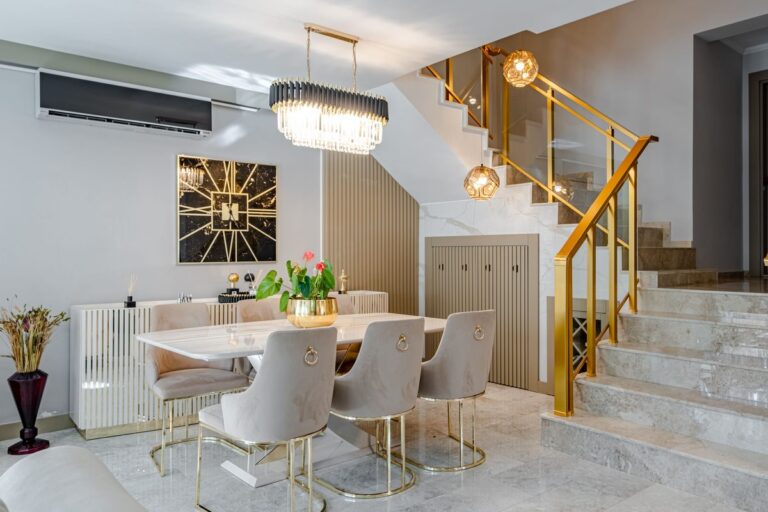 Modern dining room with stylish pendant lighting and elegant decor