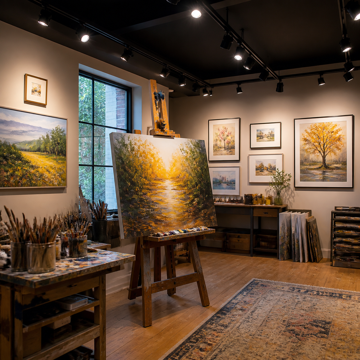 Artist studio with CRI 95 LED track lighting illuminating paintings