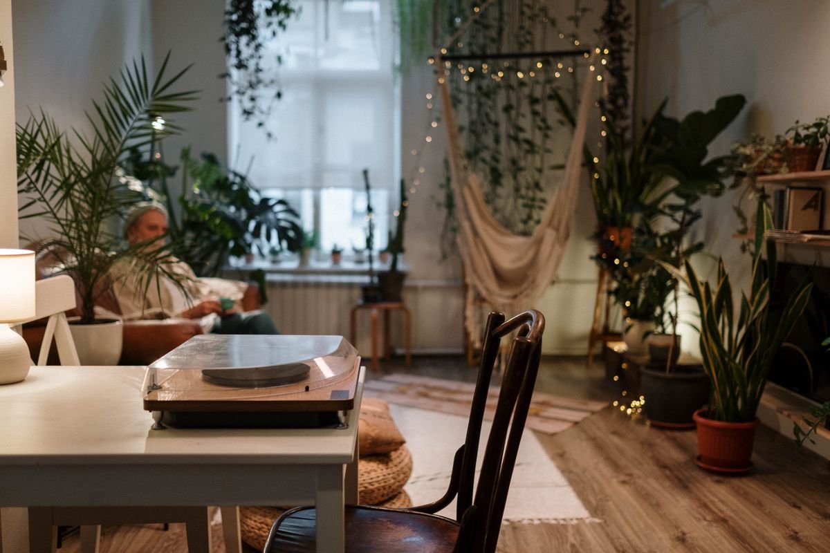 Bohemian living room with plants and hammock featuring warm natural lighting