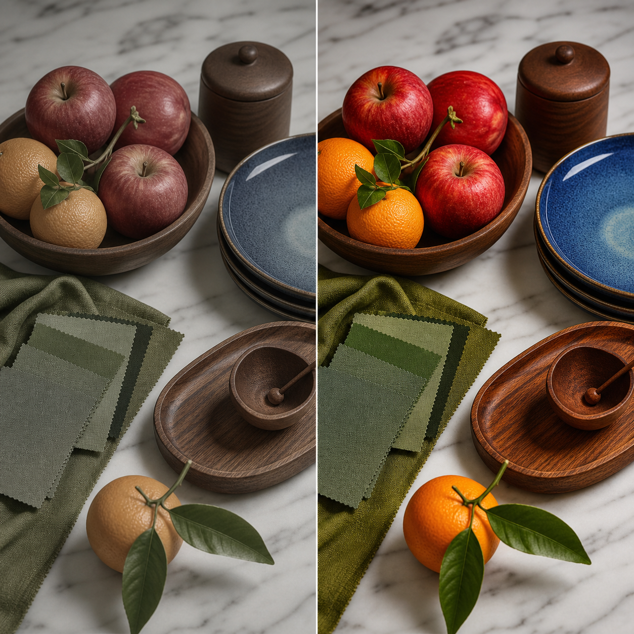 Side-by-side comparison of CRI 80 and CRI 95 LED light on fruits and fabrics