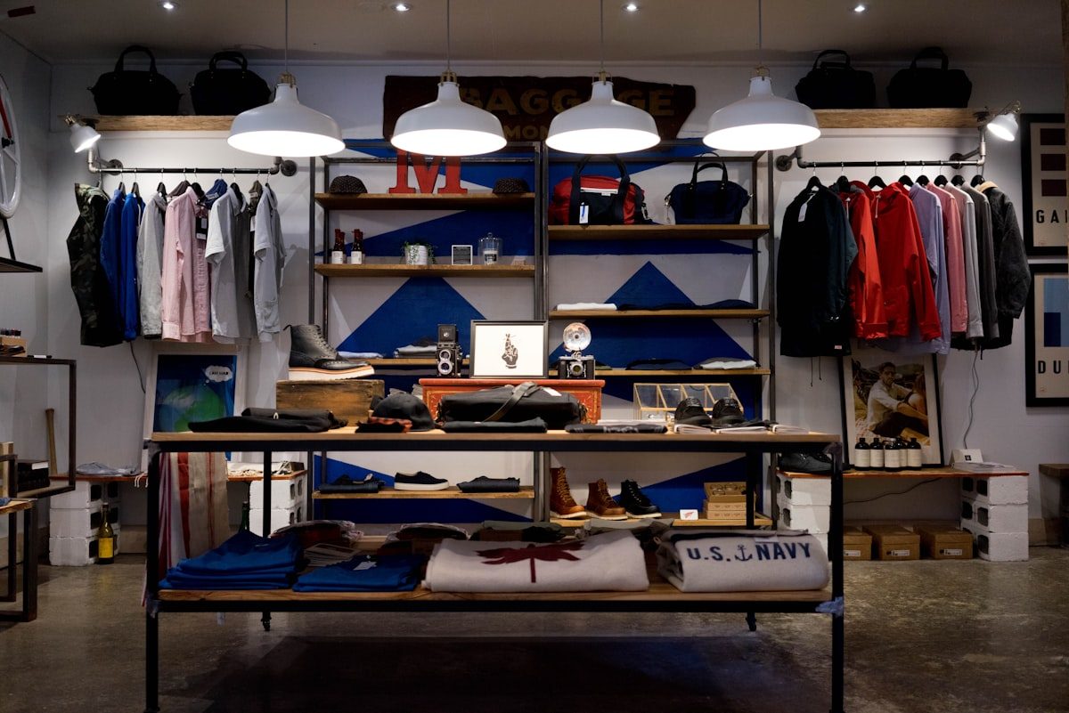 Fashion retail store interior with clothing displays under bright high-CRI retail lighting