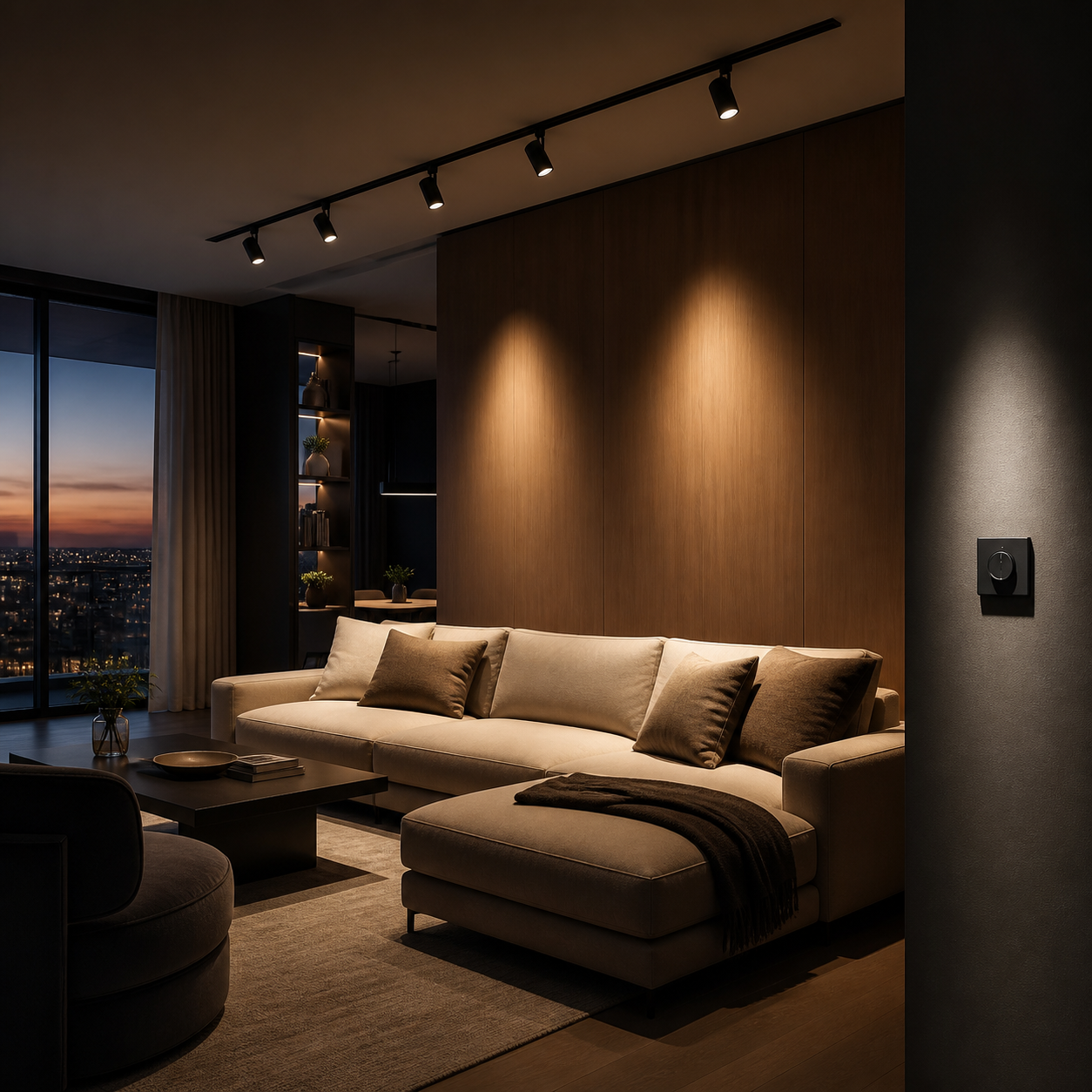 dimmable LED track lighting in a modern living room