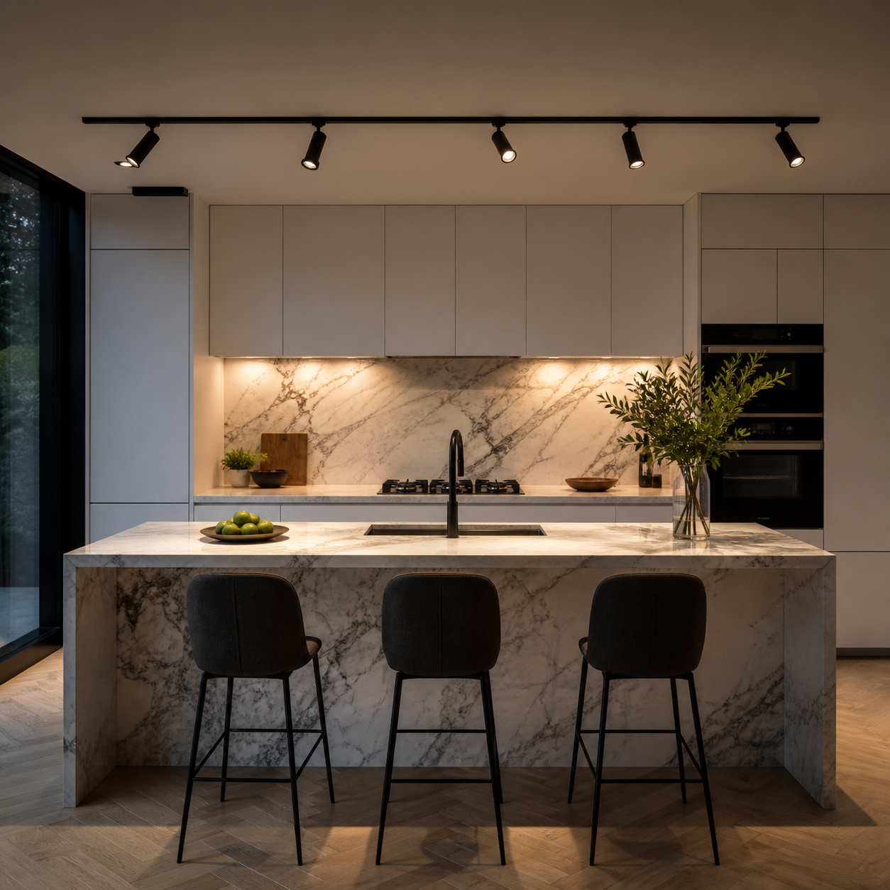 magnetic track lighting over kitchen island