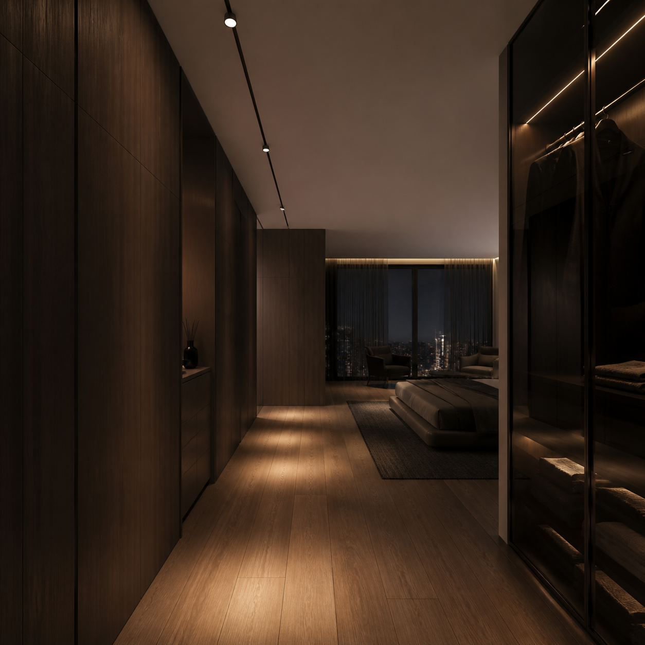 magnetic track lighting in a modern hallway