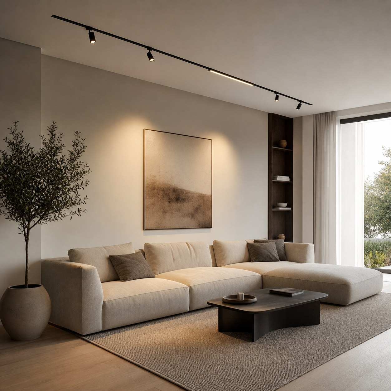 modern living room with slim magnetic track lighting