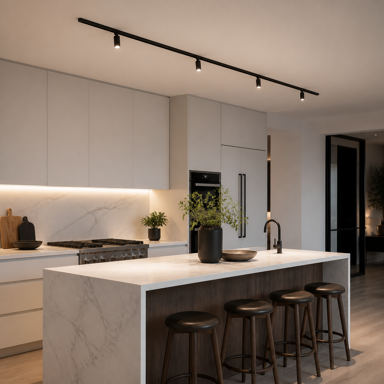 magnetic track lights over a kitchen island