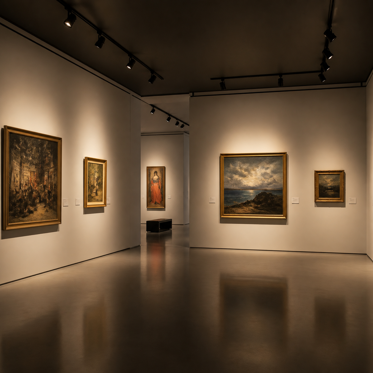 museum gallery track lighting illuminating paintings