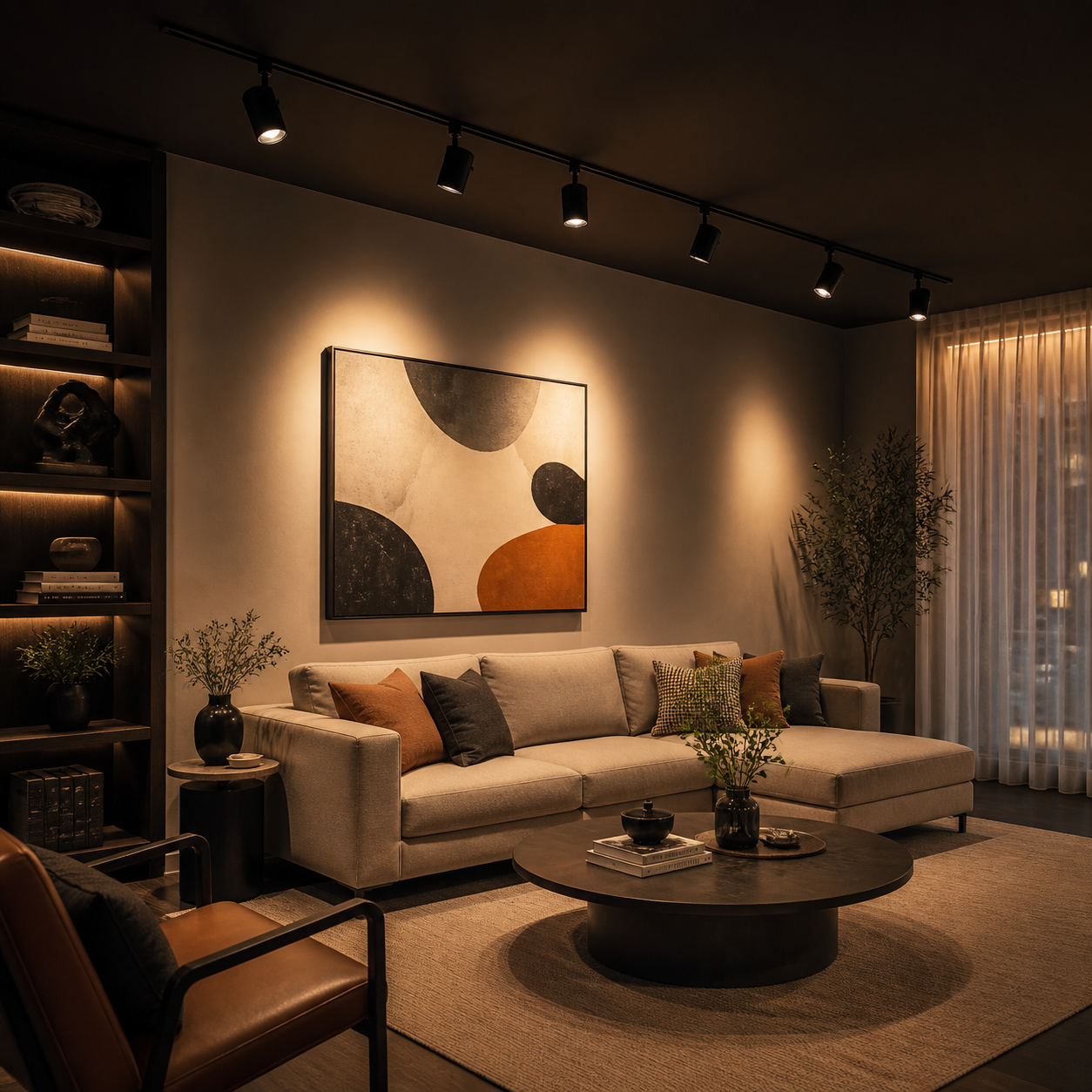Modern residential living room with warm 2700K LED track lighting