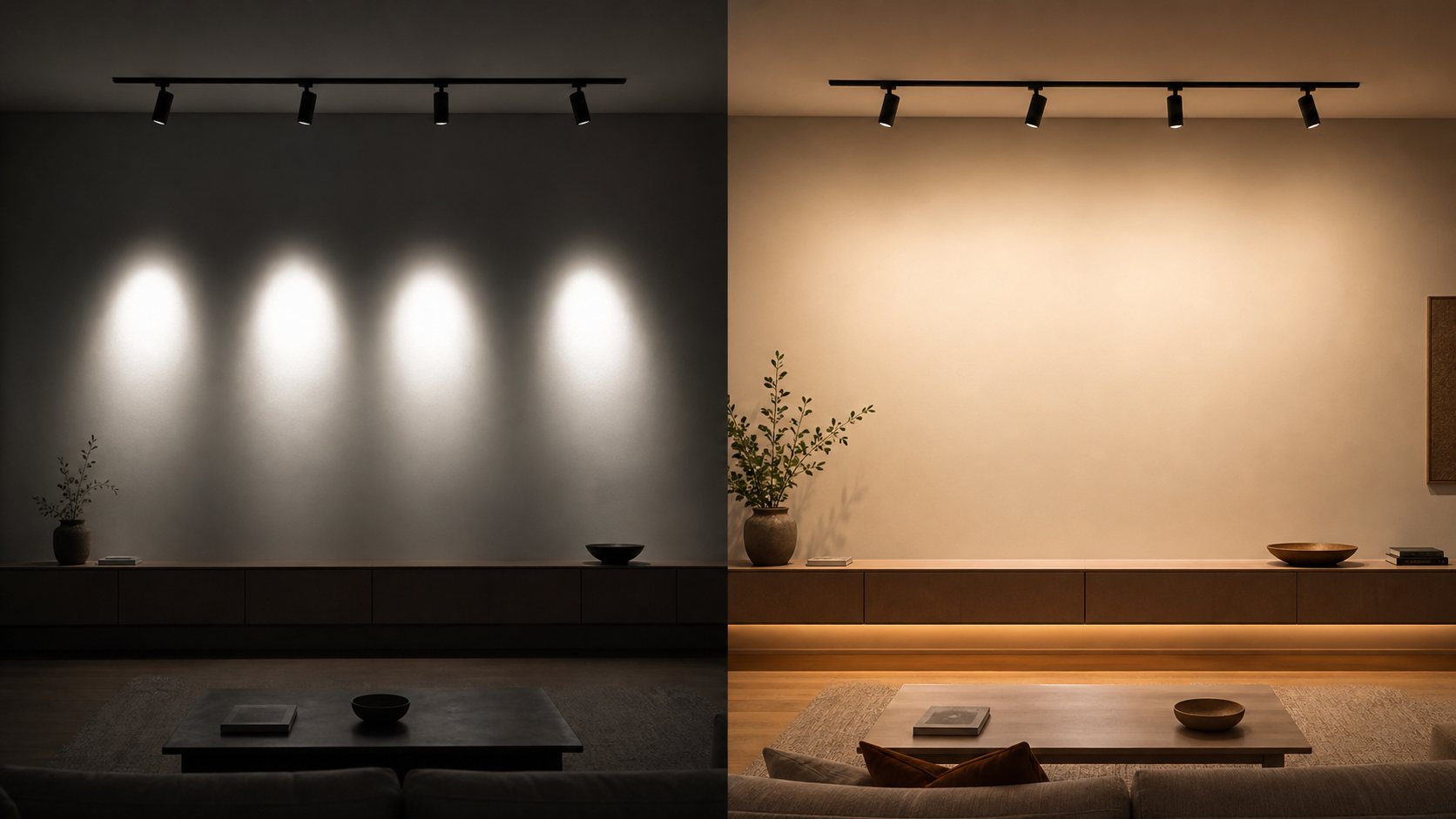Correct vs incorrect track light placement and beam angle for artwork