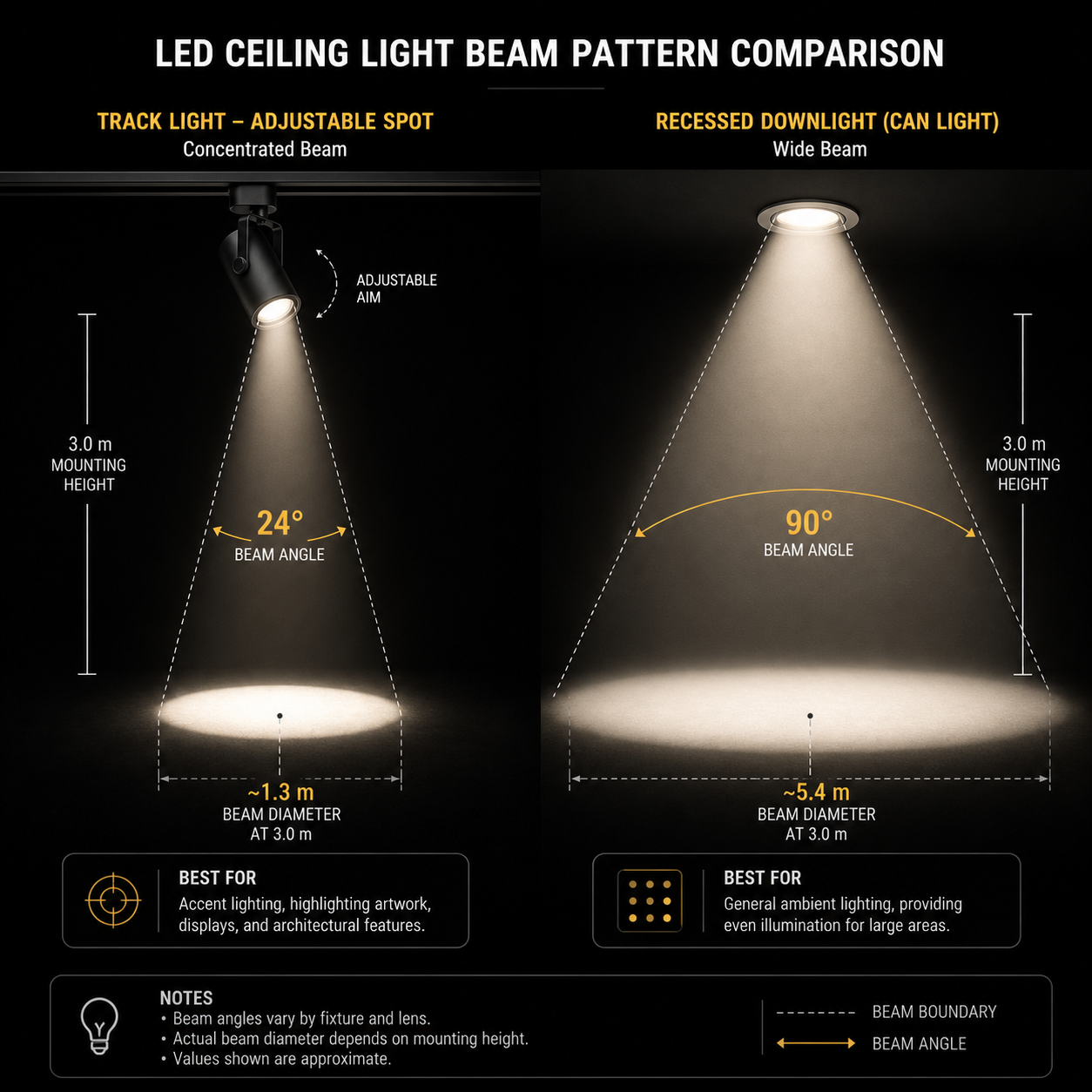 Track lighting vs downlight beam pattern diagram