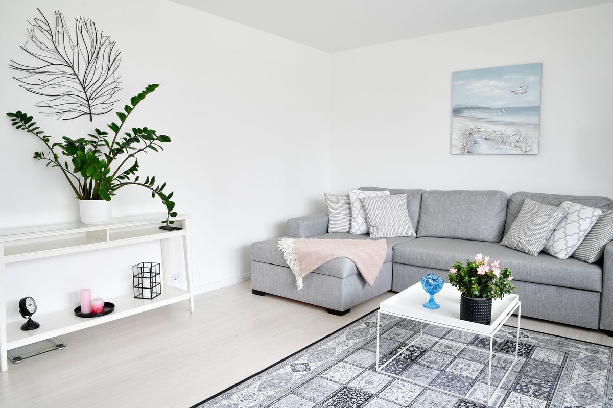 Bright Nordic Scandinavian living room in Espoo Finland with grey sofa and natural daylight