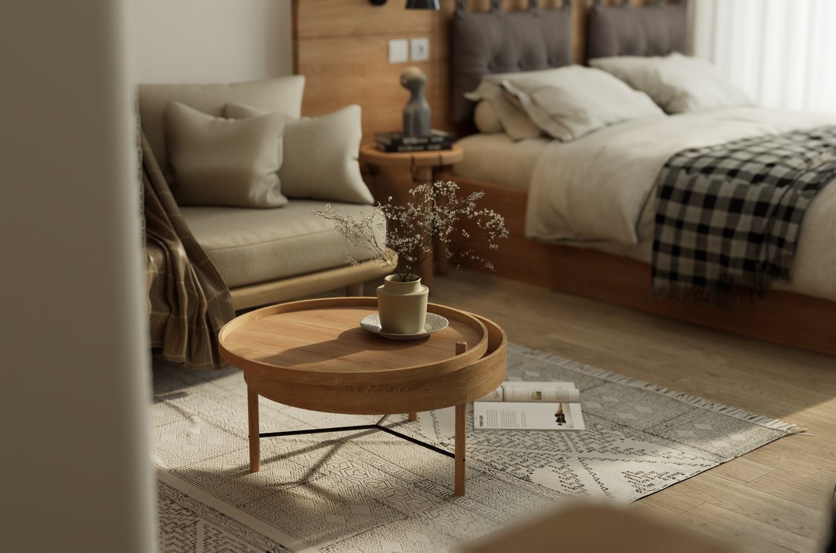 Warm and inviting Scandinavian-style bedroom interior with wooden table and neutral decor at soft ambient lux levels