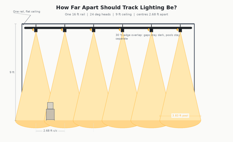 Room section showing how far apart to place track lighting heads on a 16 ft rail at a 9 ft ceiling