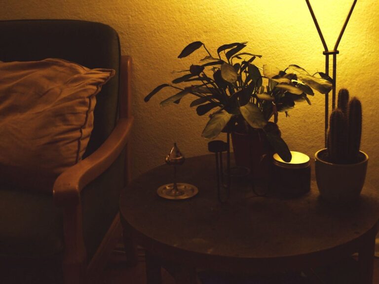 Warm boho living room at dusk lit by a lamp with natural colour rendering showing true rattan and plant tones